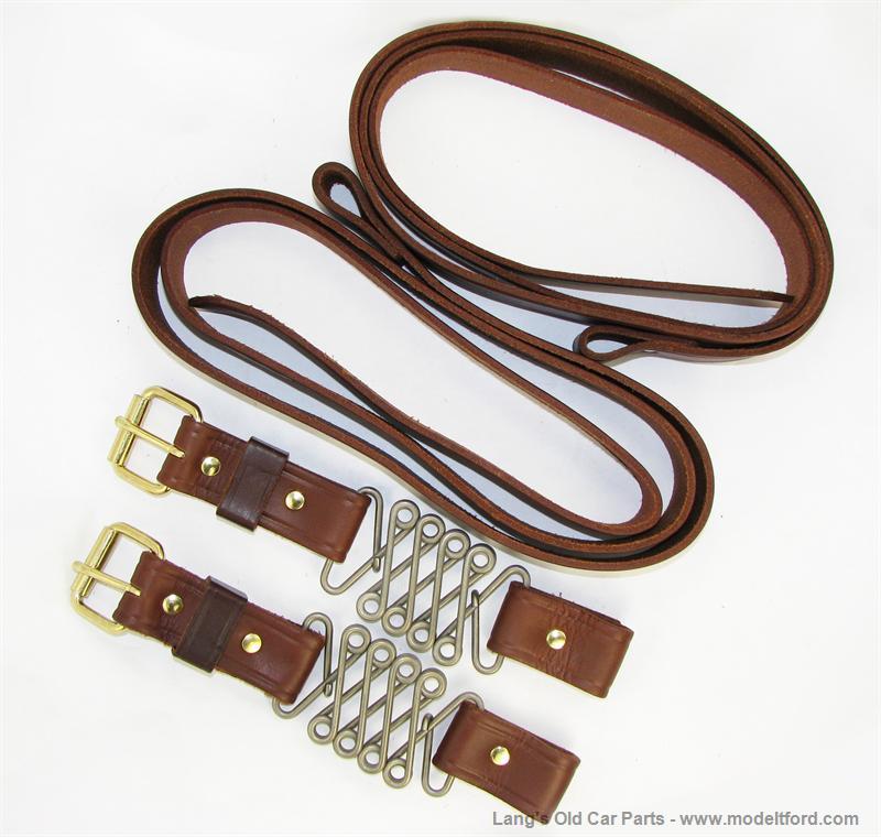 Model T Hood straps, natural color leather straps with brass hardware