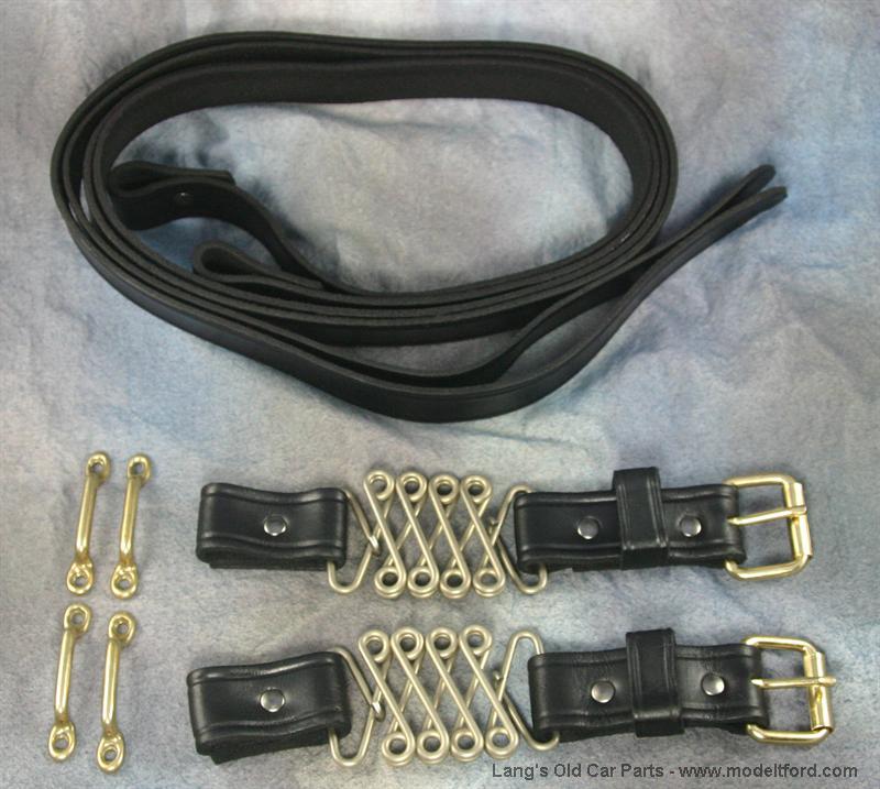 Model T Hood straps, Blackened leather with brass hardware, 4052STRB